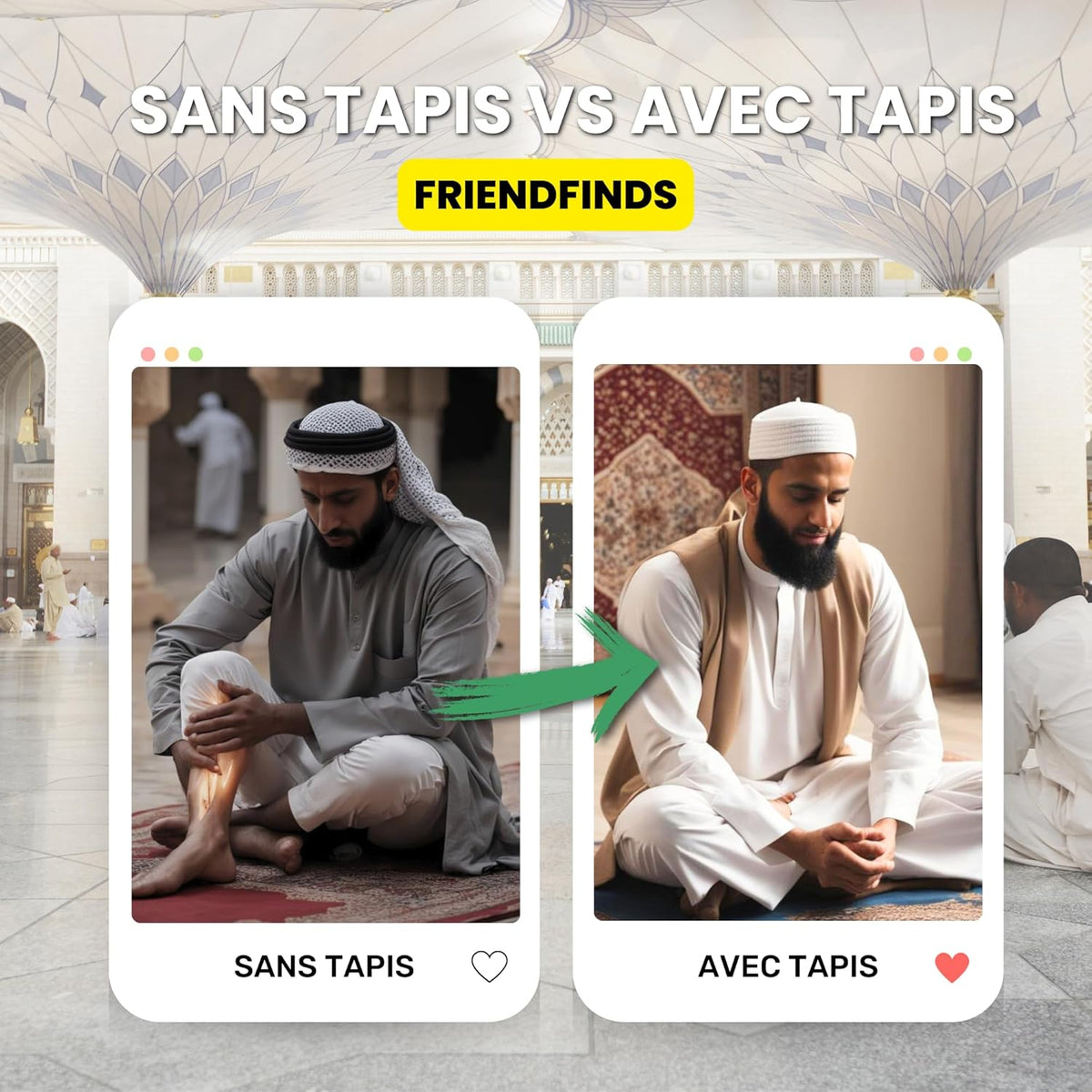 Set Tapis Prière Noir avec Tasbih - Épais Antidérapant Imperméable