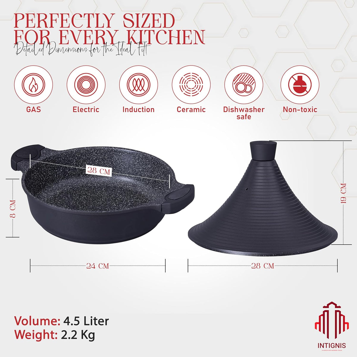 Tajine Marocain 28cm Induction - Aluminium 4,2L Antiadhésif - Couvercle Auto-Arrosant