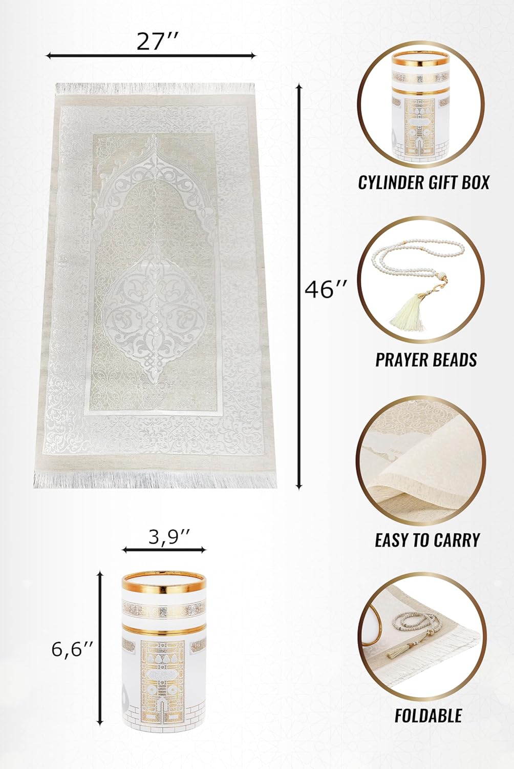 Tapis Prière Ihvan Online 116x69cm Blanc - Taffetas Doux Lavable + Chapelet Cadeau