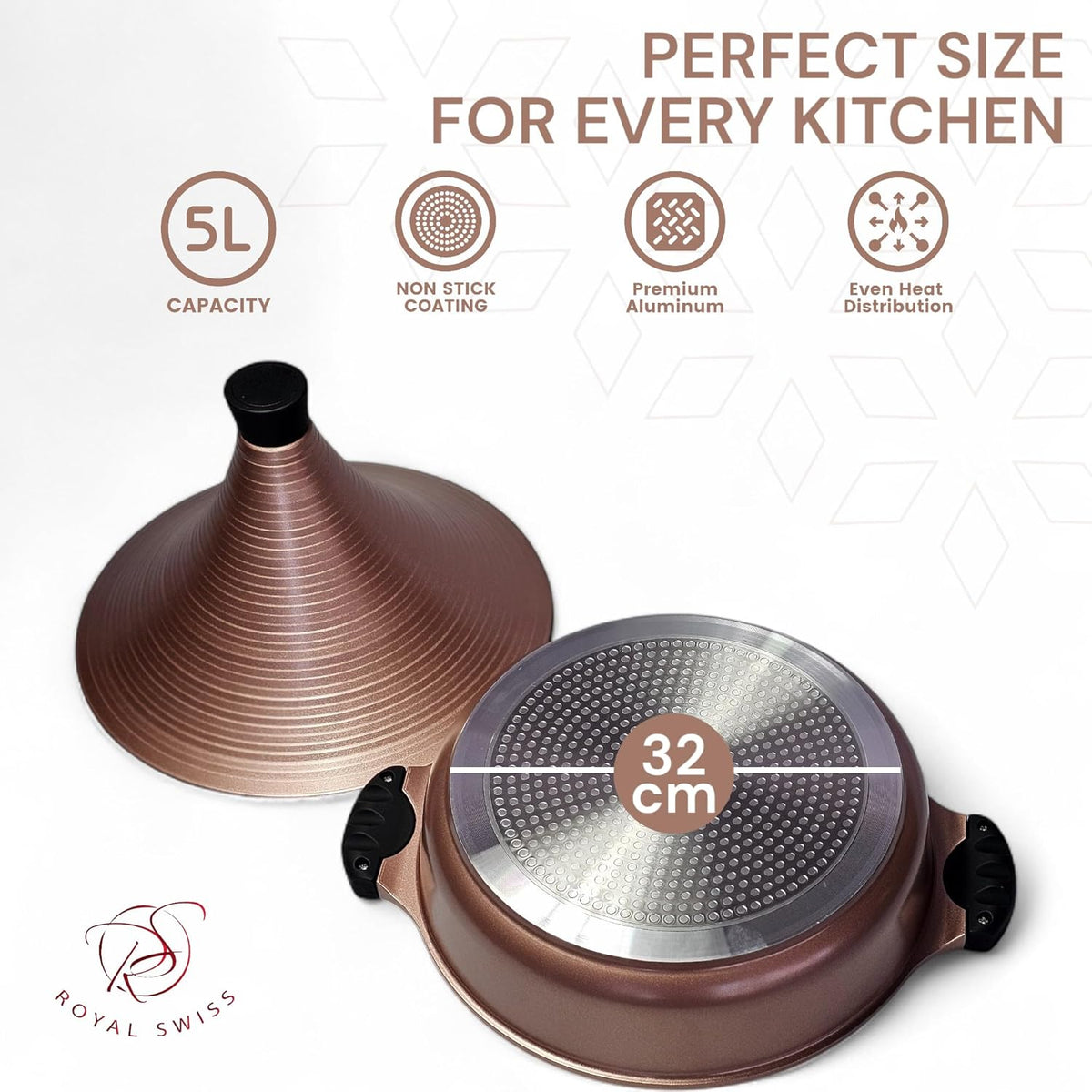 Royal Swiss Tajine Marocaine 32 cm en Aluminium – Compatible Tous Feux Dont Induction – Revêtement Antiadhésif – Couvercle Conique – Couleur Rose Gold