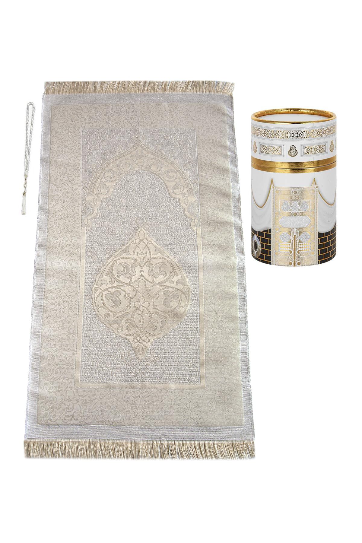 Muslim Prayer Mat and Beads with Elegant Cylindrical Gift Box | Janamaz | Sajjadah | Soft Islamic | Gift Set | Pink Taffeta