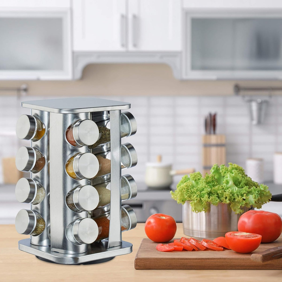 Carrousel à Épices 16 Pots en Verre - Support Rotatif Inox Argenté