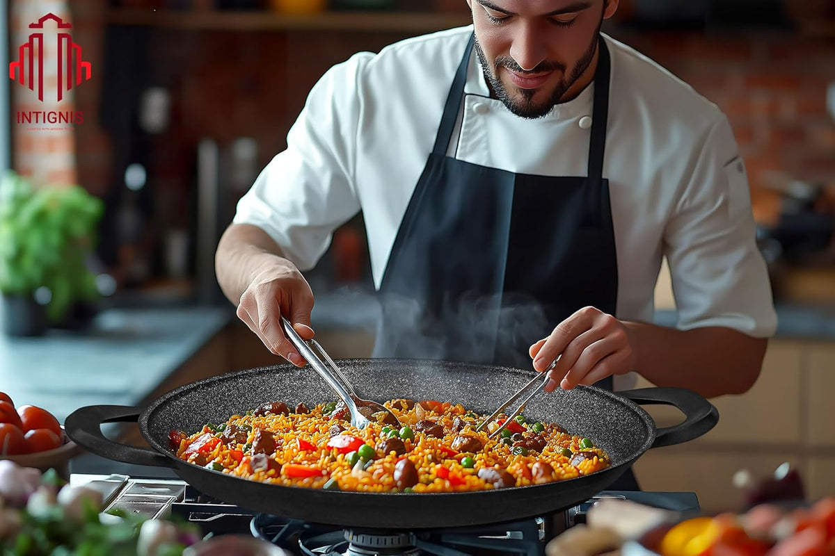 Poêle à Paella INTIGNIS 40cm Professionnelle - Aluminium Revêtement Marbre Induction
