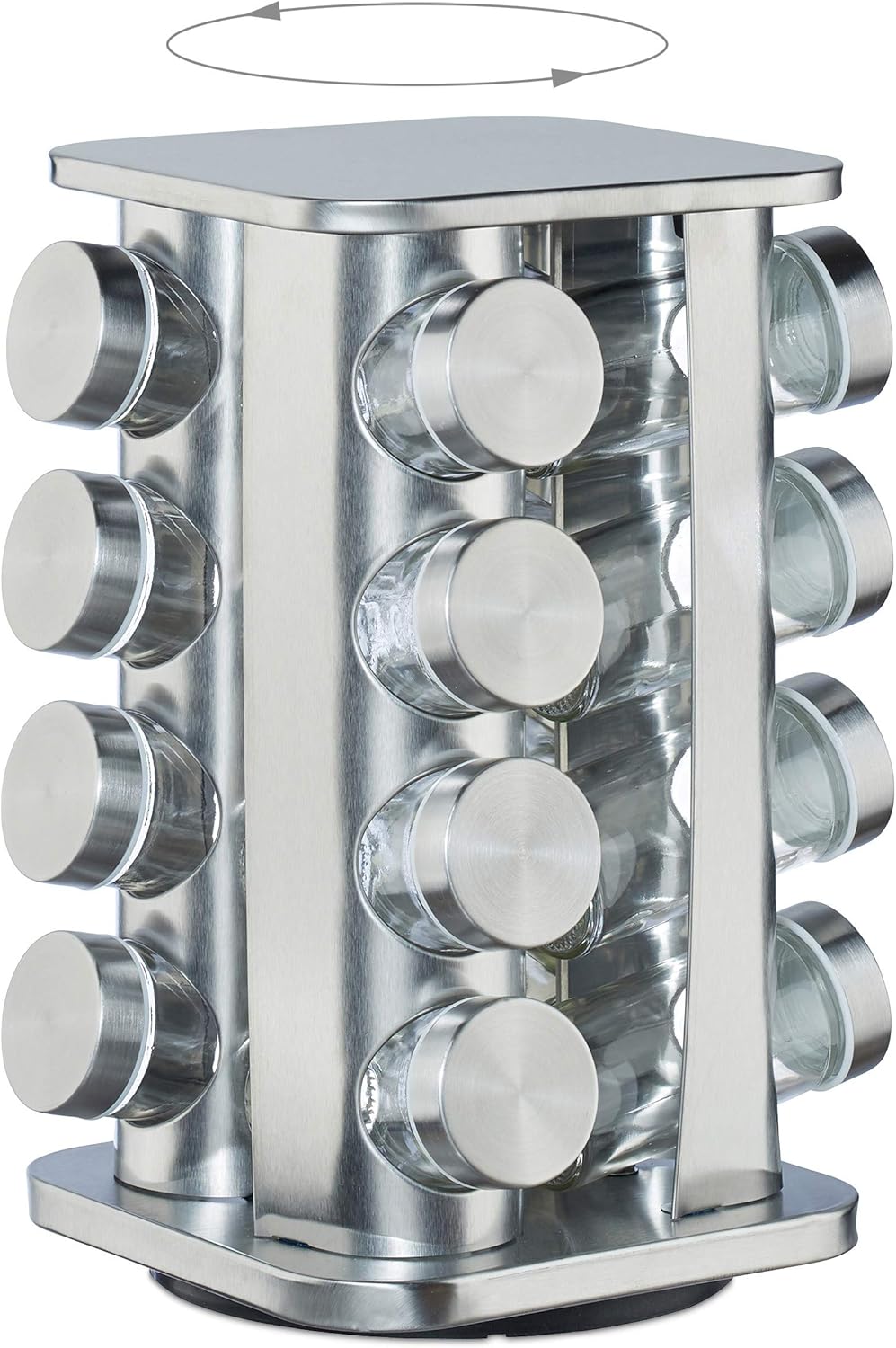 Carrousel à Épices 16 Pots en Verre - Support Rotatif Inox Argenté