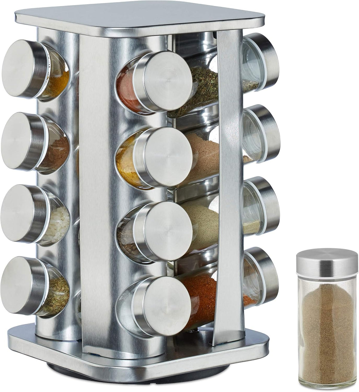 Carrousel à Épices 16 Pots en Verre - Support Rotatif Inox Argenté