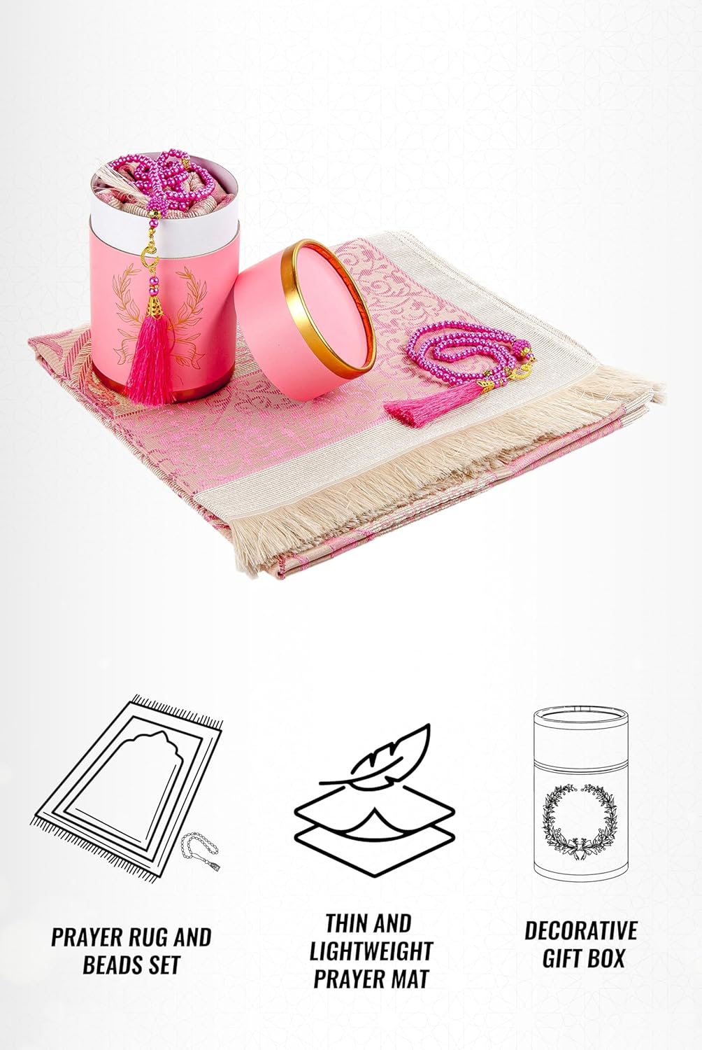 Tapis de Prière Musulman Rose avec Chapelet et Boîte Cadeau Élégante - Sajjadah Taffetas Doux 116x69cm