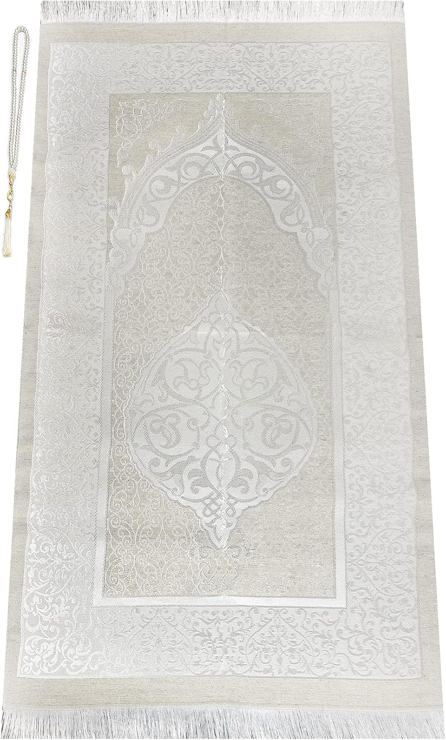 Tapis Prière Ihvan Online 116x69cm Blanc - Taffetas Doux Lavable + Chapelet Cadeau
