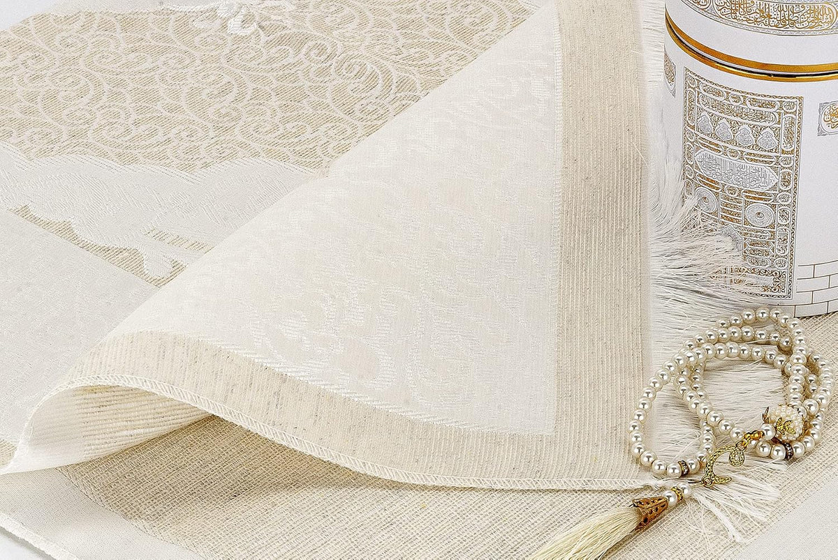 Tapis Prière Ihvan Online 116x69cm Blanc - Taffetas Doux Lavable + Chapelet Cadeau