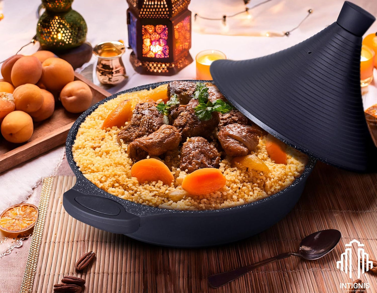 Tajine Marocain 28cm Induction - Aluminium 4,2L Antiadhésif - Couvercle Auto-Arrosant
