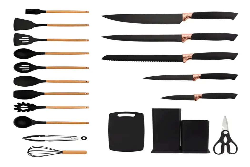 Set Couteaux Cheffinger 19 Pièces Noir Cuivre - Bloc Bois Ustensiles Complet