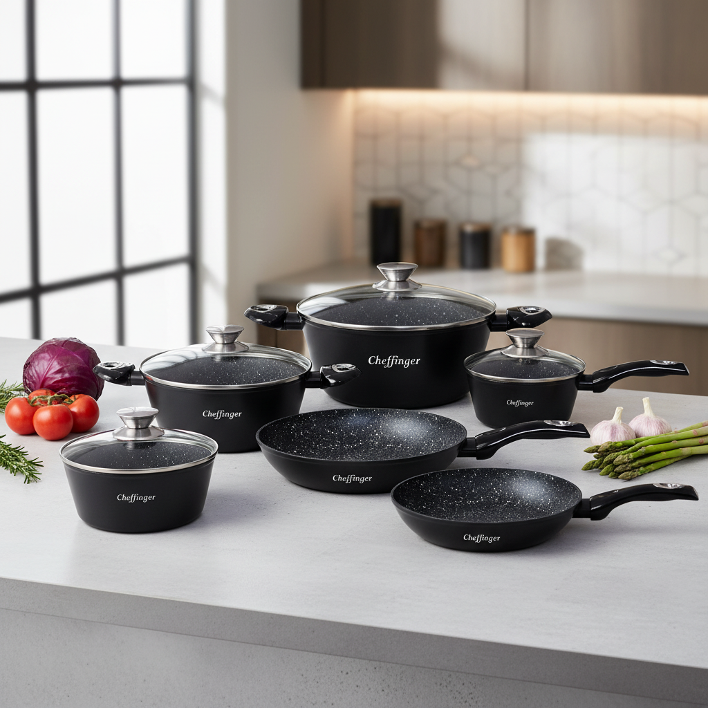 Batterie Cuisine Cheffinger 10 Pièces Marbre - Induction Antiadhésif Sans PFOA
