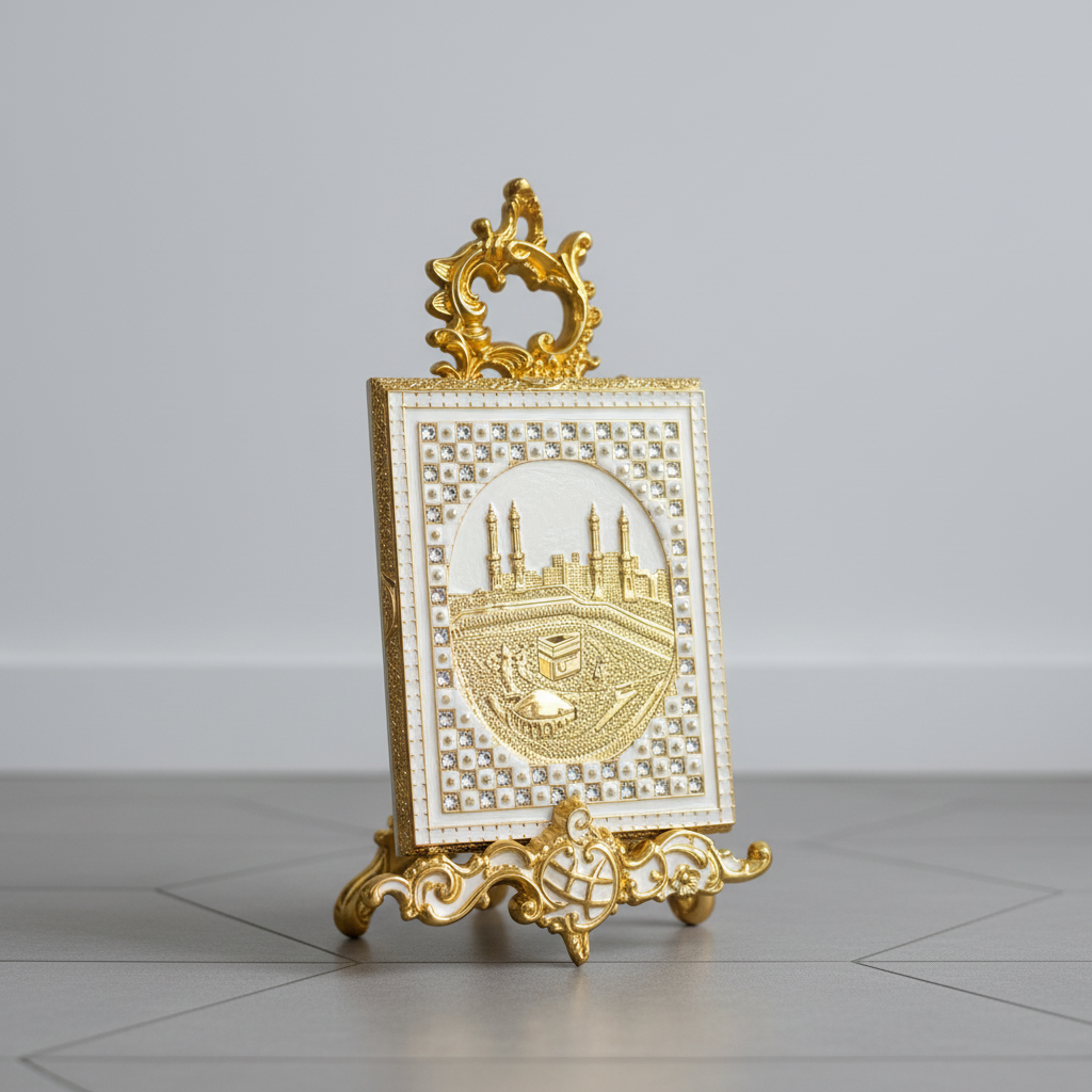 Rehal Doré Baroque avec visuel Kaaba Mecca - Coffret Velours Bordeaux - Décoration Islamique Luxe