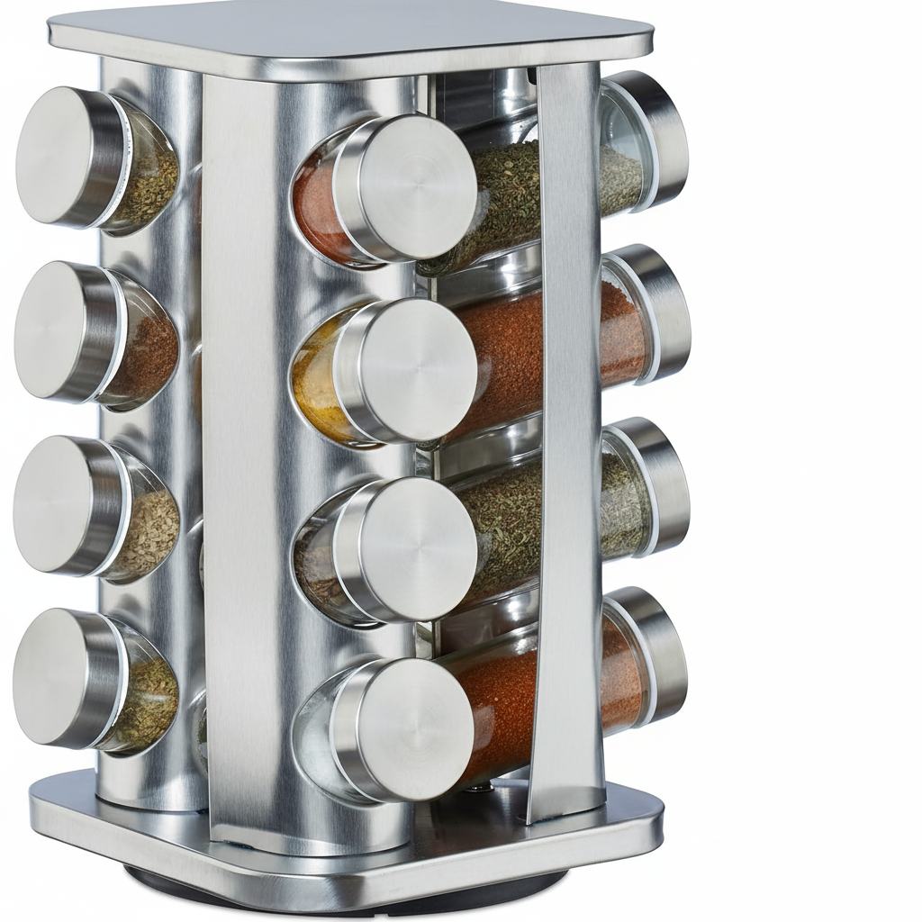 Carrousel à Épices 16 Pots en Verre - Support Rotatif Inox Argenté