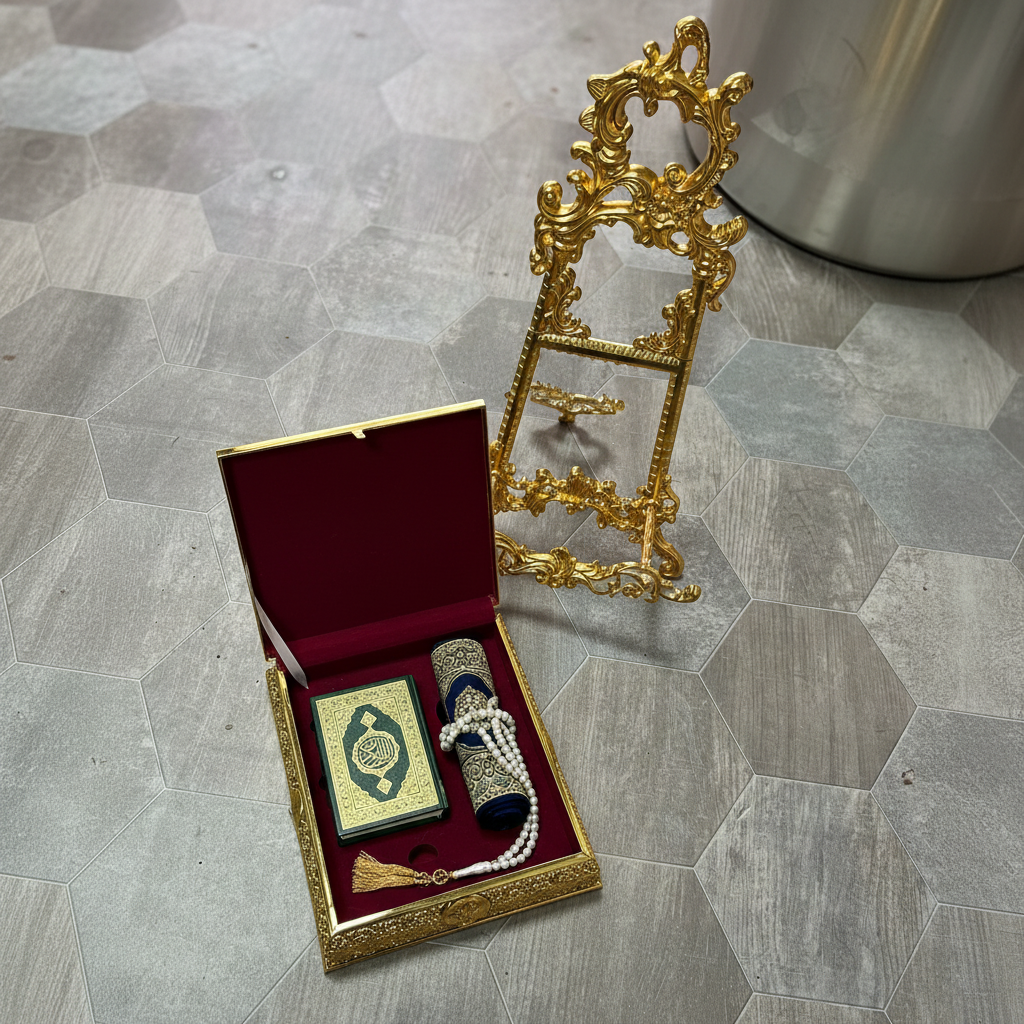 Rehal Doré Baroque avec visuel Kaaba Mecca - Coffret Velours Bordeaux - Décoration Islamique Luxe