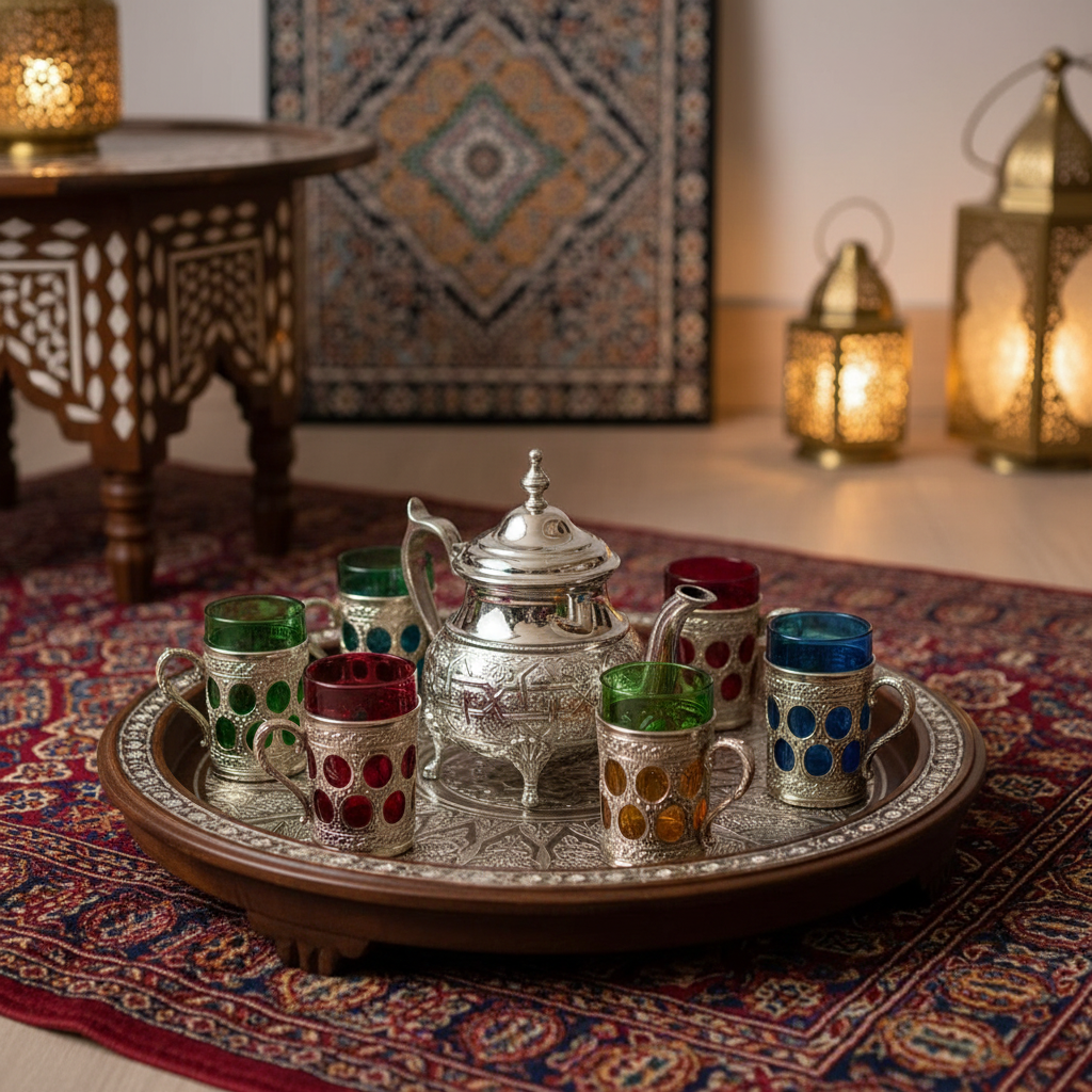 Service à Thé Marocain Complet 750ml - Théière Plateau 32cm 6 Verres Cristal