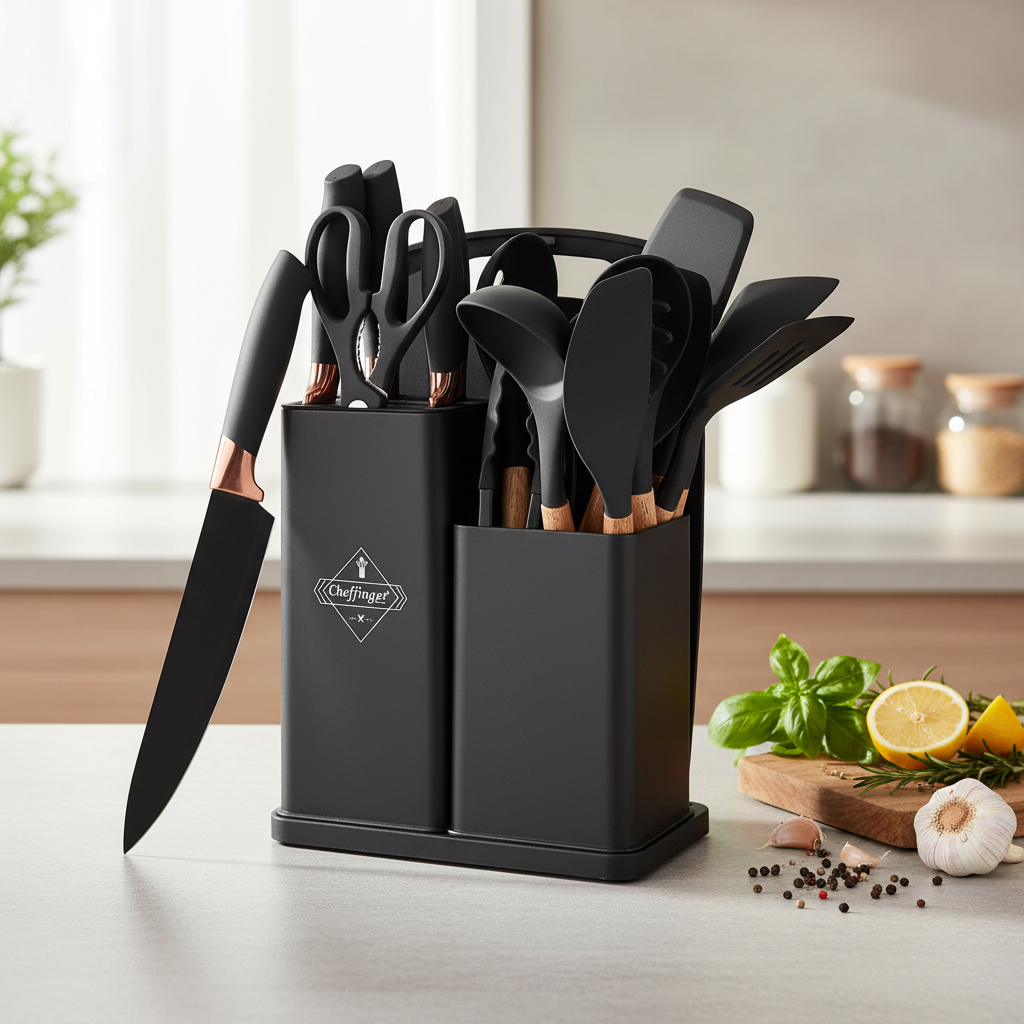 Set Couteaux Cheffinger 19 Pièces Noir Cuivre - Bloc Bois Ustensiles Complet