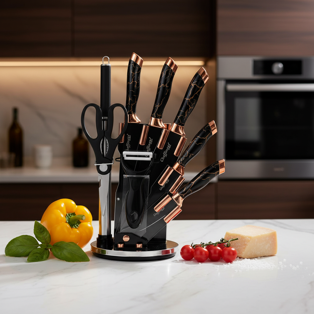 Set 9 Couteaux Cheffinger Marbre Or Noir - Bloc Support Aiguiseur Complet