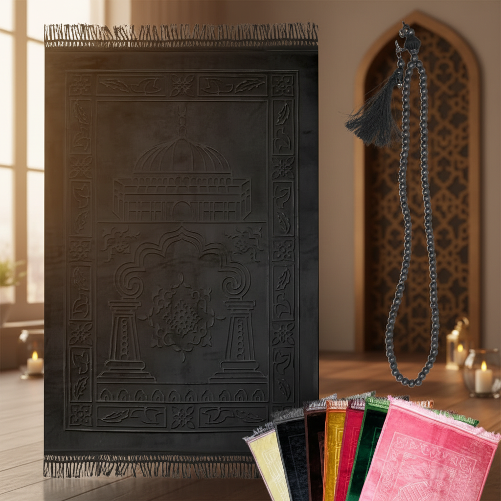 Set Tapis Prière Noir avec Tasbih - Épais Antidérapant Imperméable