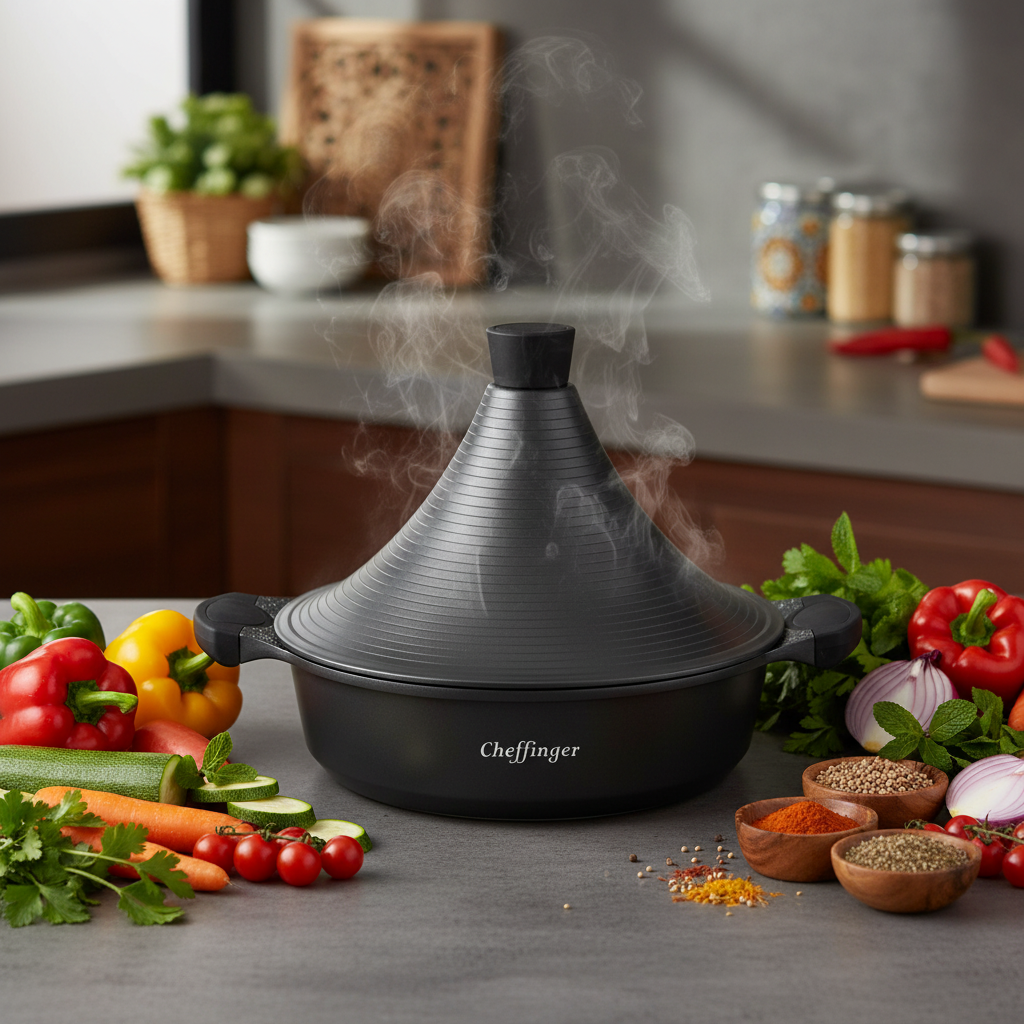 Tajine Cheffinger 28cm Aluminium Coulé Noir - Revêtement Marbre Induction