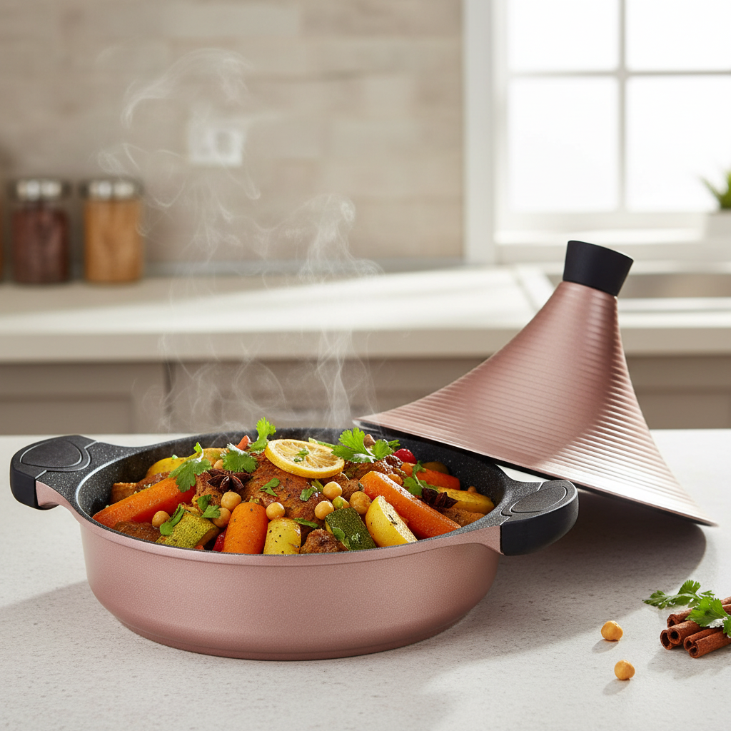 Royal Swiss Tajine Marocaine 32 cm en Aluminium – Compatible Tous Feux Dont Induction – Revêtement Antiadhésif – Couvercle Conique – Couleur Rose Gold