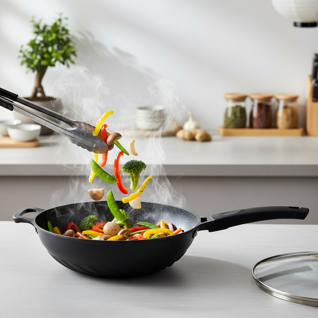 Wok Cheffinger 32cm avec Couvercle Verre - Revêtement Marbre Induction